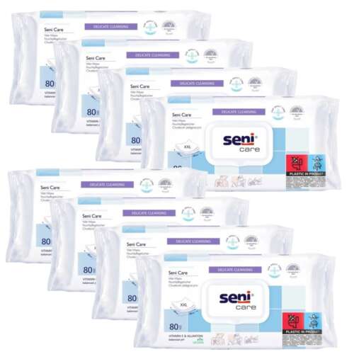 6 darabos csomag Seni Care nedves törlőkendő, 80 darabos kiszerelésben, gyengéd tisztítás, E-vitamin és allantoin, vegán, érzékeny bőrre