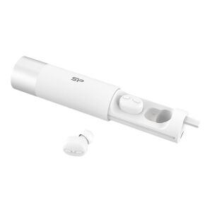 Białe słuchawki bezprzewodowe Silicon Power BP81 i etui ładujące, widok pod kątem - Silicon Power