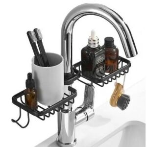 Black 2-Tier Faucet Organizer with Towel Rack for Kitchen or Bathroom - Storage & organization