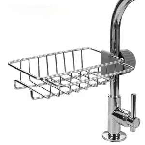 Stainless steel sink organizer for kitchen or bathroom, faucet mounted, holds sponges, brushes, soap - EALMEU
