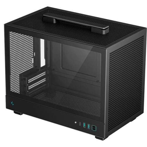 Компютърен корпус DeepCool CH160 Mini-ITX, черен, ъглов изглед, видими предна, странична и горна част