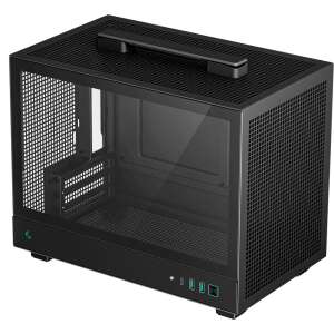 Kućište za računalo DeepCool CH160 Mini-ITX, crno, pogled pod kutom, vidljivi prednja, bočna i gornja strana - DeepCool