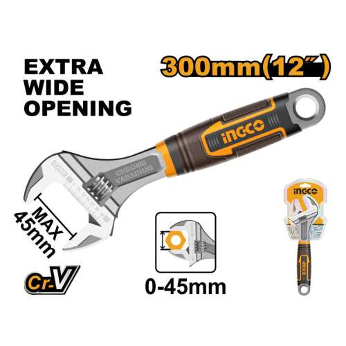 INGCO állítható villáskulcs, 0-45 mm, 300 mm, króm-vanádium, extra széles nyílás
