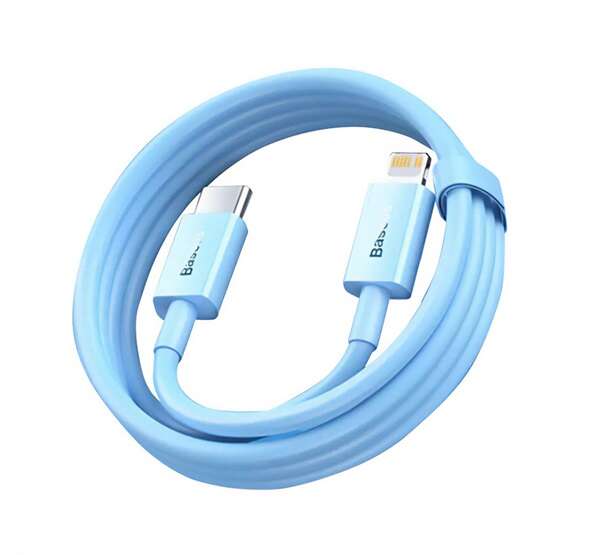 Cablu de încărcare și date USB Type-C, Lightning, 100 cm, 20W, cu protecție anti-rupere, încărcare rapidă, PD, Baseus Superior, CAYS001903, albastru deschis