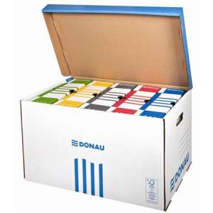 DONAU blauer Archiv-Behälter mit nach oben öffnender Klappe, offen, mit Hängeregistern im Inneren - Mappen & Ordner