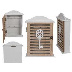 Fehér fa kulcstartó szekrény kulcslyuk mintával, nyitott ajtóval, a belső horgokat mutatja - Kulcstartó szekrény