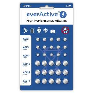 everActive 30er Pack mit leistungsstarken alkalischen Knopfzellen, enthält die Größen AG3, AG4, AG10 und AG13 - EverActive