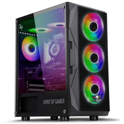 Carcasă computer Spirit of Gamer Rogue VII RGB, negru cu panou lateral din sticlă călită, ventilatoare RGB, suport placă de bază ATX
