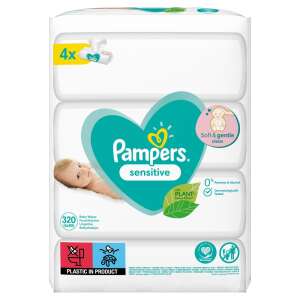 Влажни кърпички Pampers Sensitive, 4 опаковки по 80 броя, общо 320 броя, нежни и меки за чувствителна кожа, дерматологично тествани, без алкохол и парфюм