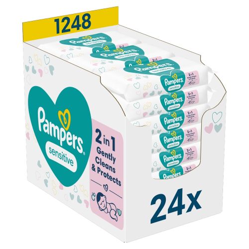 Pampers Sensitive vlhčené utierky 24x52 kusov, jemné čistenie a ochrana pre citlivú detskú pokožku