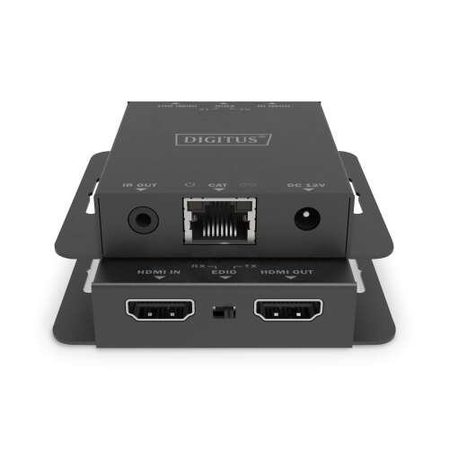 Digitus DS-55519 HDMI Extender, transmițător, vedere din spate, negru, intrare HDMI, ieșire HDMI, port de rețea CAT6, ieșire IR, intrare alimentare DC 12V