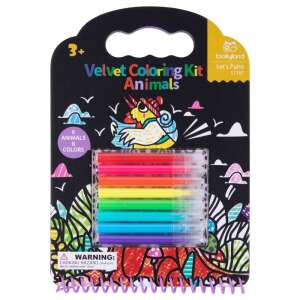Комплект за оцветяване Tooky Toy Tookyland Velvet Coloring Kit Animals, 6 страници за оцветяване с 8 флумастера, лилава корица с дръжка, преден изглед - Тетрадка за работа, книжка за оцветяване