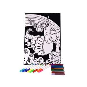Zestaw do kolorowania Tookyland Velvet - Jednorożce, czarny aksamitny arkusz do kolorowania z motywem jednorożca, 16 flamastrów, 8 zwykłych i 8 brokatowych - Książka dla dzieci i młodzieży