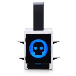 Numskull Gaming Station, white gaming console stand with blue skull logo, holds up to 10 games, 4 controllers, and headphones - Gaming Console Accessory