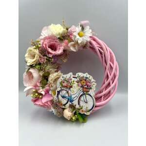Rózsaszín művirágos ajtódísz kerettel és kerékpáros mintával - Ajtódísz