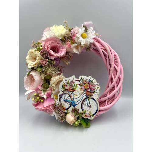 Rózsaszín művirágos ajtódísz kerettel és kerékpáros mintával
