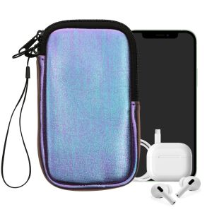 Лилав неопренов калъф за телефон Kwmobile, размер L, с телефон и слушалки - Технически статии и електроника