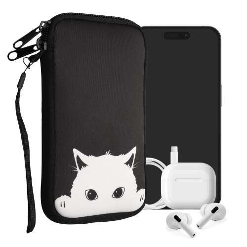 Kwmobile Curious Cat design phone case, black and white, neoprene, XXL size, 7 inch, for smartphones, cameras, and gadgets