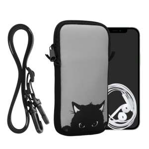 Kwmobile XL size neoprene phone case with adjustable strap, grey/black, cat design - Phone Case