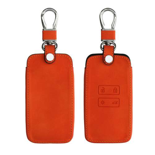Kwmobile orange leather key cover for Renault car key with 4 buttons, front and back view