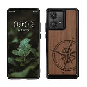 Kwmobile Motorola Edge 40 Neo phone case with compass design, wood back, black frame - Phone Case