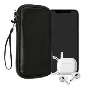 Kwmobile XL size black neoprene phone pouch with zipper, for 6.8 inch phones, with a phone, earphones and charging cable inside - Phone Case