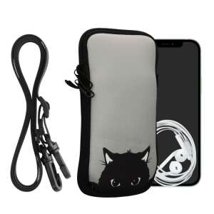 Kwmobile XXL 7 inch neoprene phone pouch with adjustable strap, black cat design, grey and black color - Phone Case
