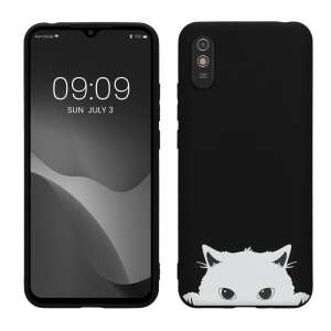 Kwmobile Xiaomi Redmi 9A/9AT phone case with Curious Cat design, black and white silicone case - Phone Case