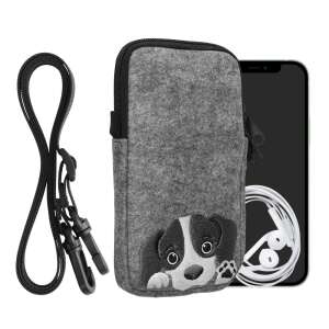 Kwmobile universal phone pouch with adjustable strap, grey/black, size L - 6.5 inch, felt, dog design - Phone Case