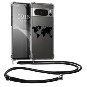 Kwmobile phone case with lanyard for Google Pixel 8 Pro, transparent with black world map design, silicone - Phone Case