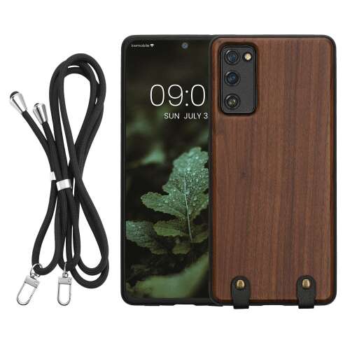 Kwmobile phone case for Samsung Galaxy S20 FE with a wooden back and a black lanyard