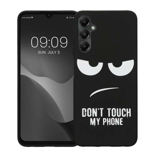 Czarne etui Kwmobile 'Nie dotykaj mojego telefonu' na Samsungu Galaxy A05s