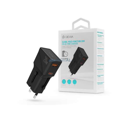 Devia Global Multi-Function 20W PD + QC Mini Charger, fekete utazási adapter USB-C és USB-A portokkal, kompatibilis CN, JP, US, EU, UK, AU dugókkal
