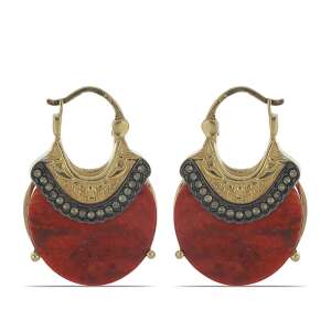 Arannyal bevont ezüst fülbevaló vörös szivacs korallal és markazittal, Y49324 - Női fülbevaló