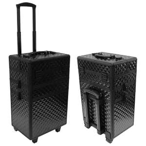 Fekete alumínium kozmetikai bőrönd kerekekkel, gyémánt mintával, 3 az 1-ben, 61x36x25 cm - Kozmetikai táska