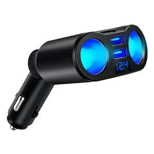 Autós szivargyújtó elosztó 2 USB porttal és voltmérővel, fekete - Autós töltő