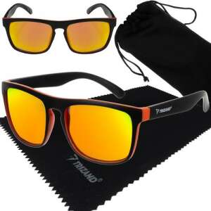 Trizand polarized sunglasses with orange frame and mirrored lenses, with a black pouch and cleaning cloth - Trizand