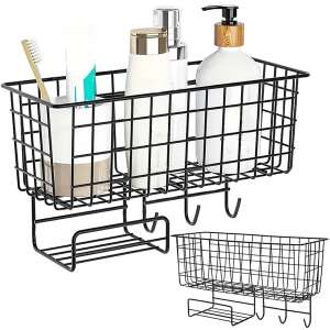 Black metal wall mounted organizer with basket, shelf and hooks for bathroom or kitchen storage - Kitchen storage rack