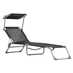 Adjustable garden lounger with awning - black