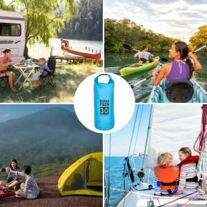 Ocean Pack 30L vízálló hátizsák, kék, kajakozáshoz, szörfözéshez, vitorlázáshoz és más vízi sportokhoz, kollázs felhasználási példákkal - Vízálló táska