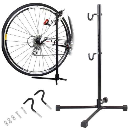 Black bicycle repair stand with adjustable height, suitable for all types of bikes