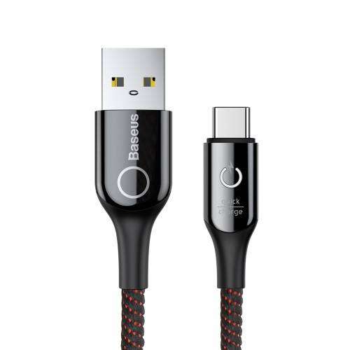 Baseus USB-C - USB 3.1 adatátviteli és töltő kábel, fekete, 1 méter, 3A, 15W, szövettel bevont, LED világítással
