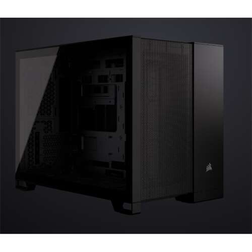Corsair 2500D Airflow PC-Gehäuse, schwarz, Seitenteil aus gehärtetem Glas, schräger Blickwinkel