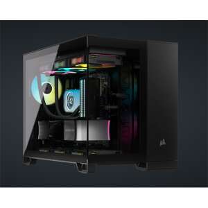 Carcasă Corsair 2500X cu panou lateral din sticlă călită, prezentând un PC construit cu iluminare RGB - Carcase PC
