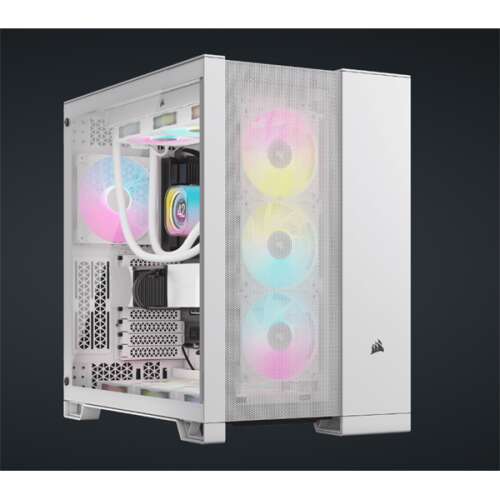 Corsair 6500D Airflow Dual Chamber PC Case, white, with tempered glass side panel, showing RGB fans and liquid cooler
