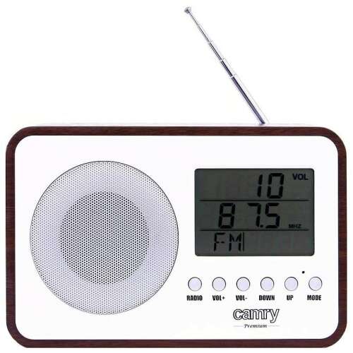 Camry Premium CR 1153 digital radio, white and brown, with clock, calendar, and thermometer