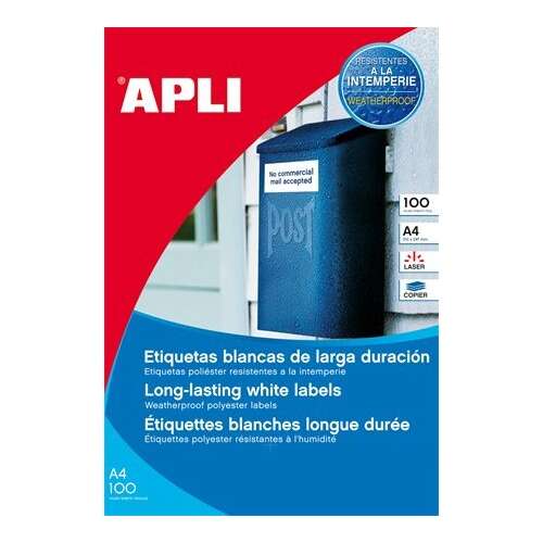 APLI 210x297 mm, poliészter, matt fehér időjárásálló,Etikett (100 etikett/csomag)