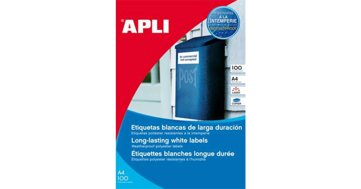 APLI 210x297 mm, polyester, matt white weatherproof, label (100 labels per  pack)