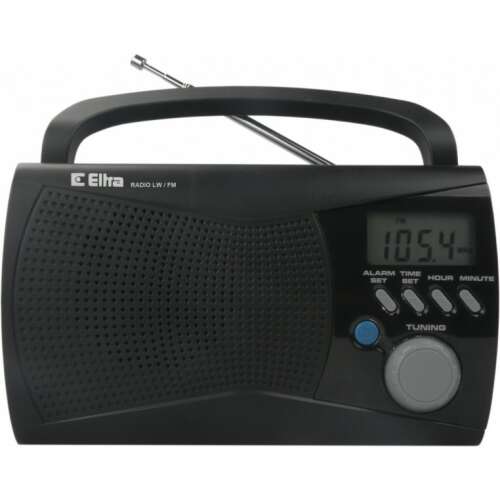 Eltra Kinga 2 schwarzes Radio mit digitalem Display und Drehknopf, zeigt die Zeit an