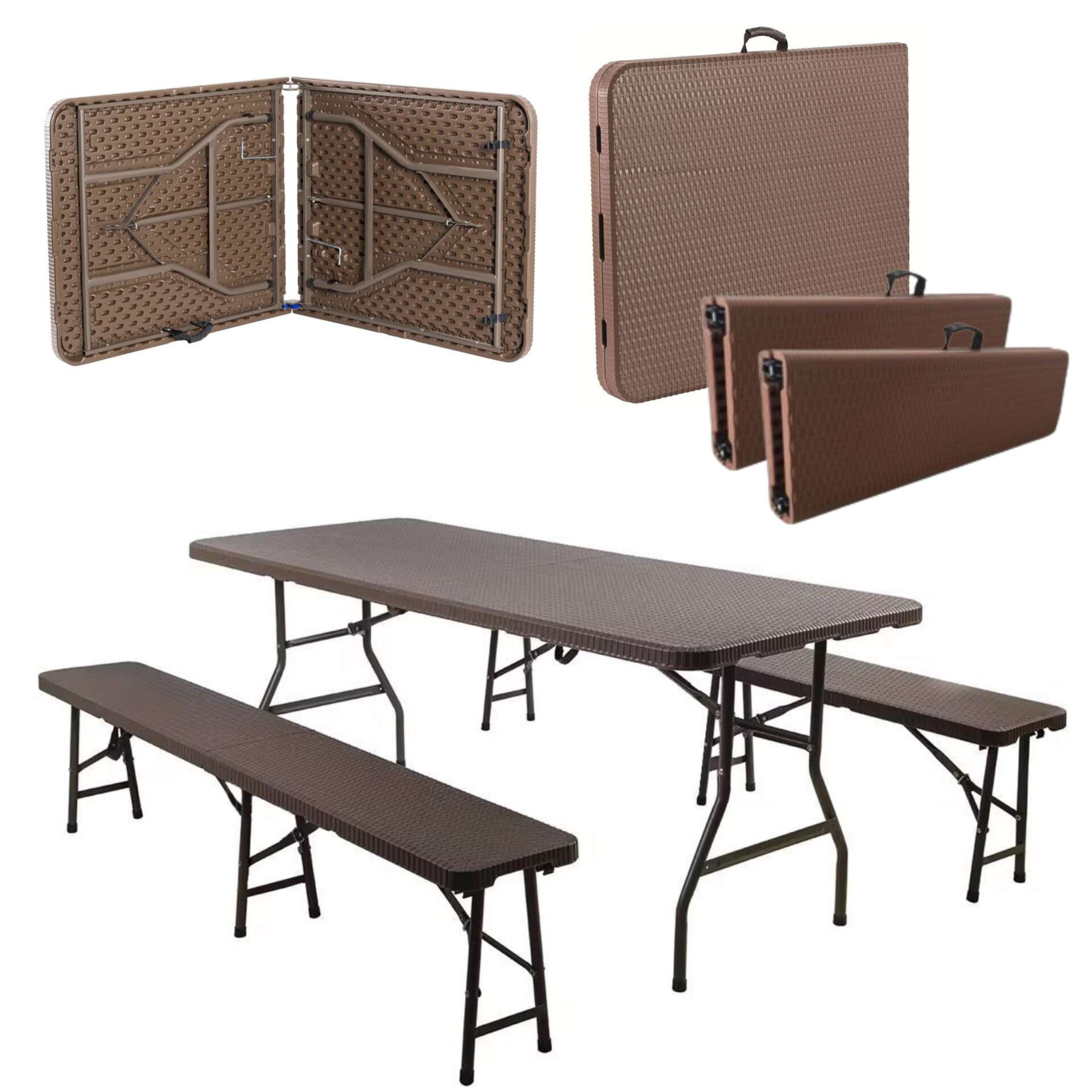 Pepita összecsukható rattan hatású Kerti sörpad garnitúra 180cm - barna